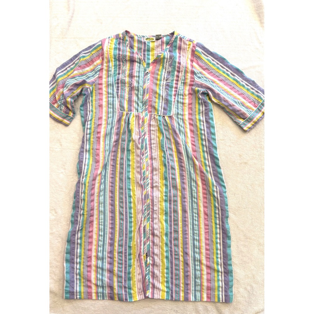 Collections Etc Vintage Womens Cotton Seersucker Zip Front Lounger Robe Stripe L